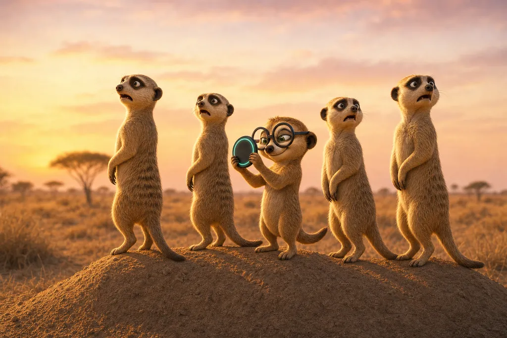 The lookout: the family watches the sky, he watches his coin